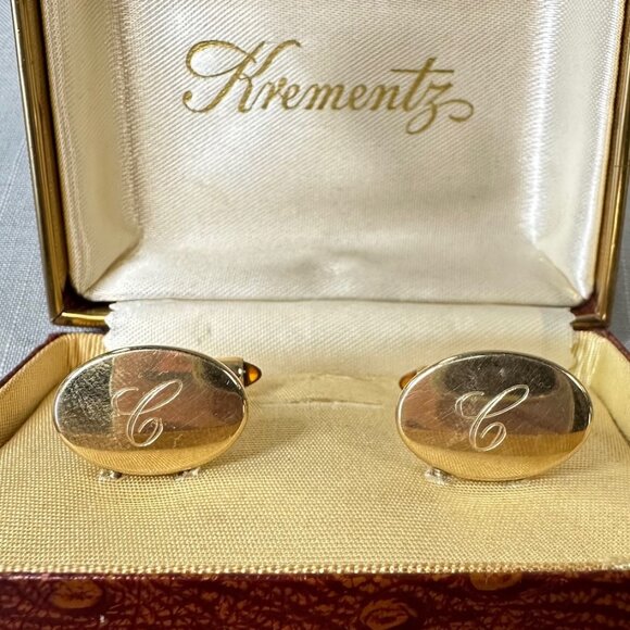 Vintage Krementz Gold Plated "C" Monogrammed Cuff Links in Box - Picture 2 of 12